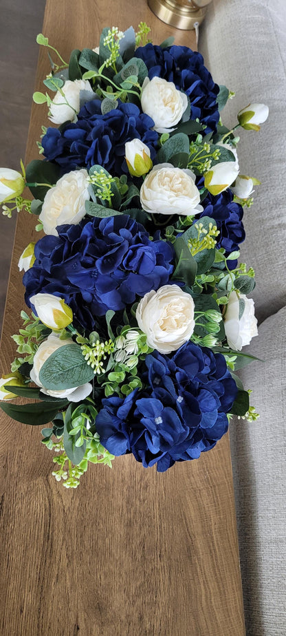 Navy Blue Centerpiece – Silk Flower Arrangement in Rustic Wood Box