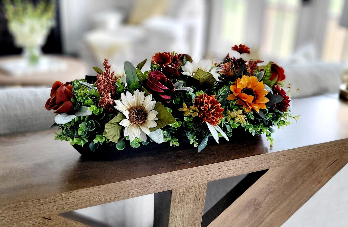 Fall Table Centerpiece Dough Bowl Arrangement With Sunflowers Roses Mums Silk Flower Collection Burgundy Orange Cream Colors Perfect Thanksgiving Gift Ready To Display Farmhouse Rustic Home Styling Dining Room Mantel Kitchen Counter Console