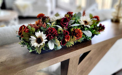 Artificial Floral Centerpiece Fall Table Arrangement Silk Sunflowers And Roses In Dough Bowl Burgundy Orange Cream Colors Farmhouse Rustic Styling Perfect Thanksgiving Display Dining Room Kitchen Mantel Console Table Ready To Use Seasonal