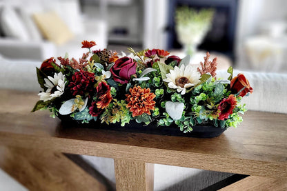 Fall Table Centerpiece – Dough Bowl with Sunflowers Silk Florals