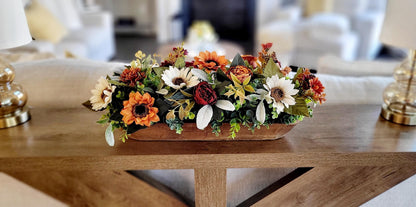 Fall Table Centerpiece – Dough Bowl with Sunflowers Silk Florals