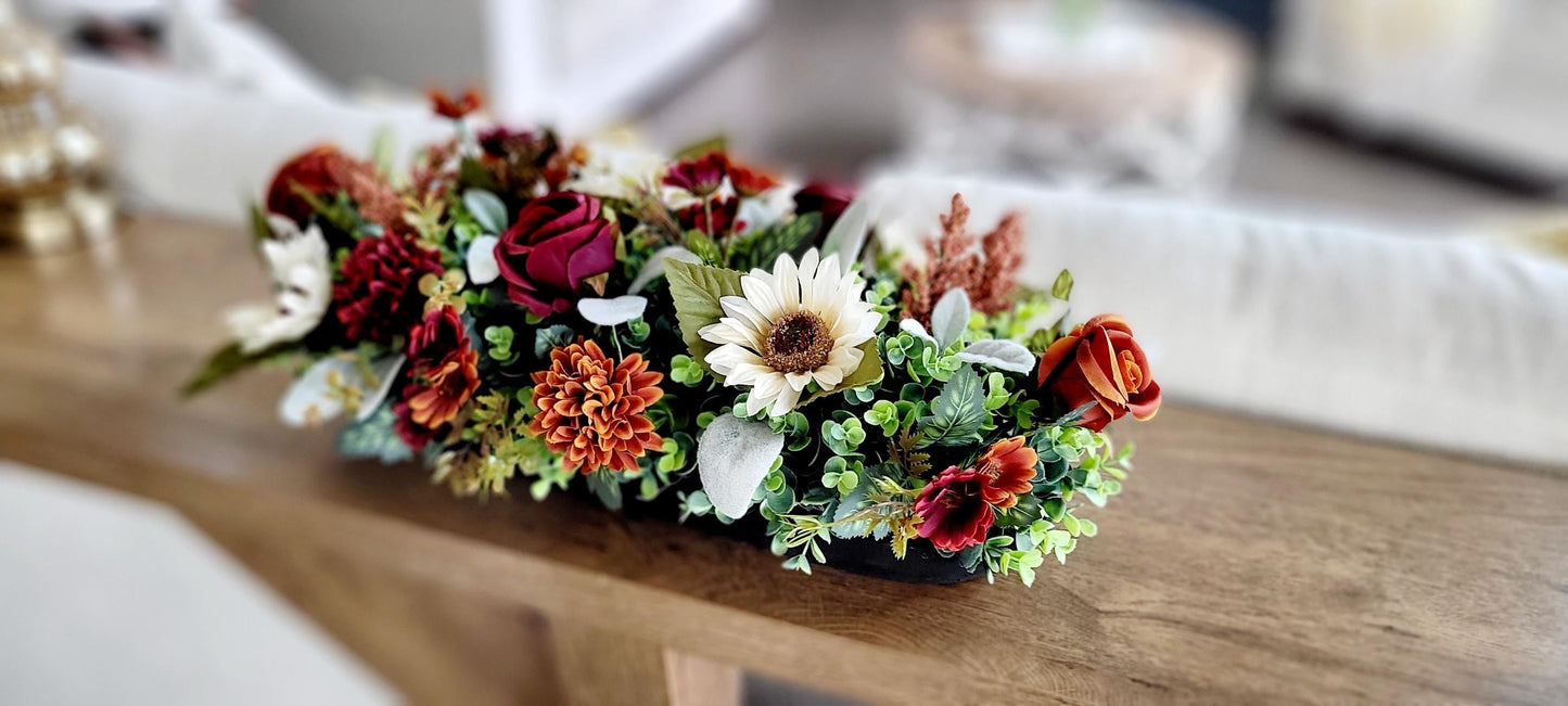 Fall Table Centerpiece – Dough Bowl with Sunflowers Silk Florals