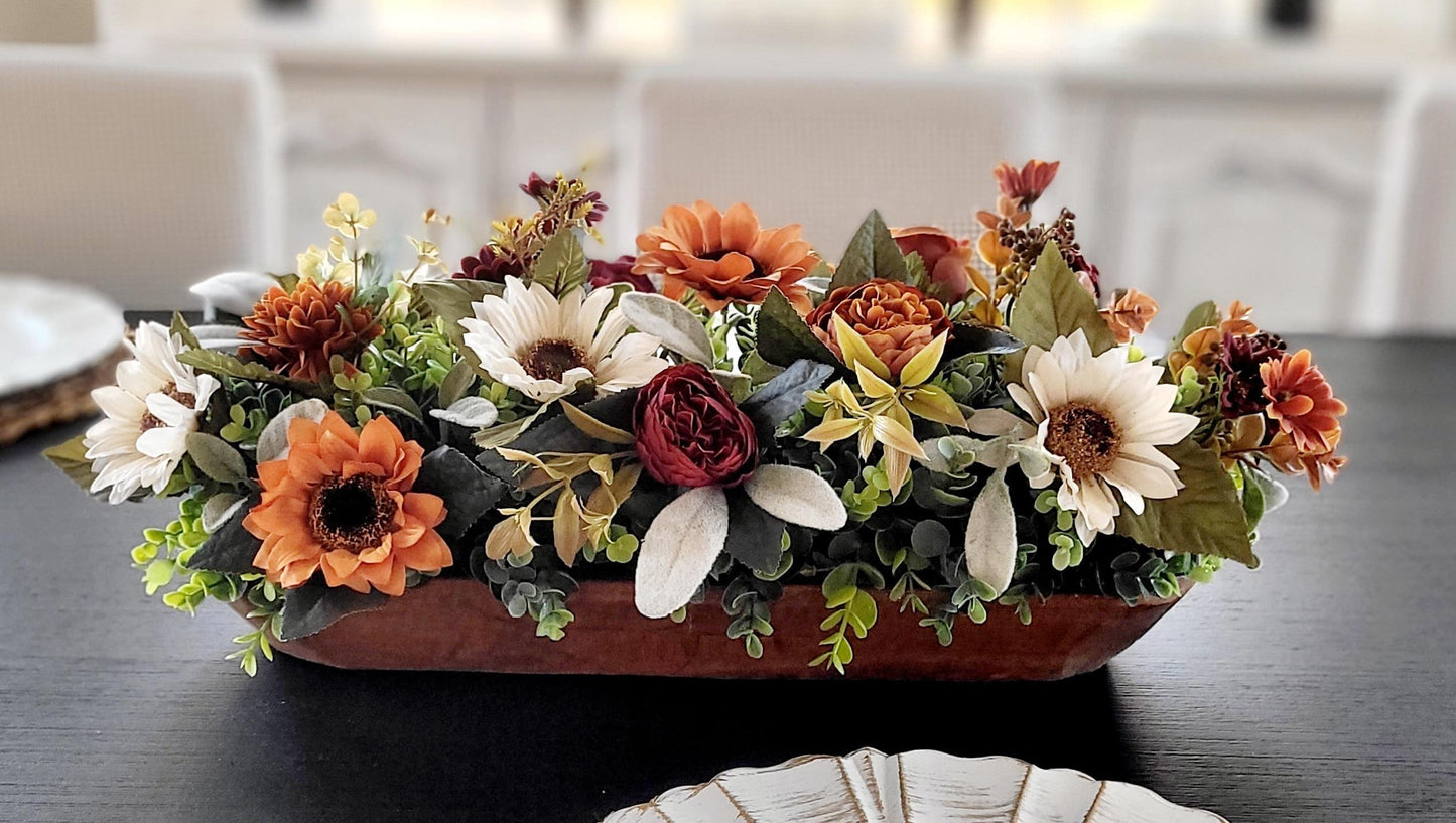 Fall Table Centerpiece – Dough Bowl with Sunflowers Silk Florals