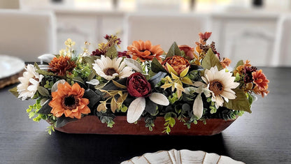 Fall Table Centerpiece – Dough Bowl with Sunflowers Silk Florals