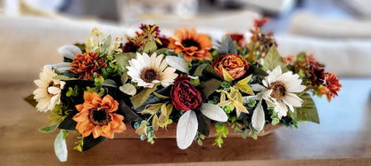 Fall Table Centerpiece – Dough Bowl with Sunflowers Silk Florals