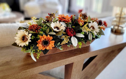 Fall Table Centerpiece – Dough Bowl with Sunflowers Silk Florals