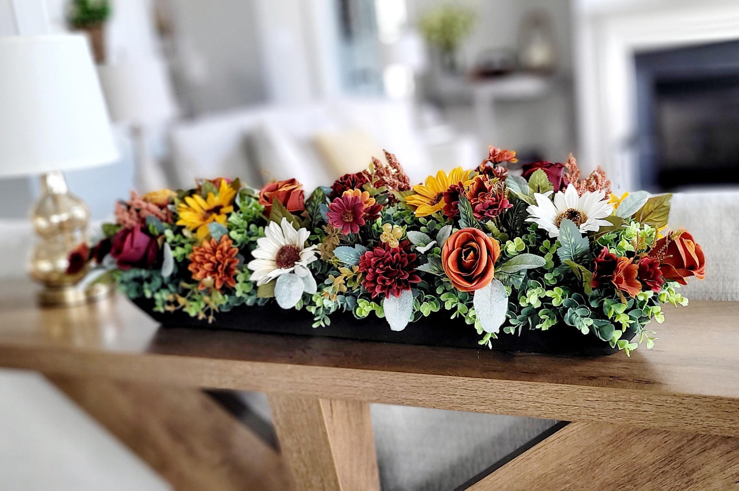 Thanksgiving Centerpiece Wooden Bowl Farmhouse Style Sunflower Arrangement Fall Table Display Rustic Dining Room Kitchen Counter Autumn Harvest Seasonal Gift Silk Flowers Natural Greenery Orange Brown Burgundy Yellow Colors Premium Quality