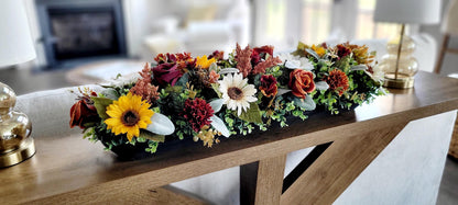 Autumn Table Centerpiece Farmhouse Wooden Bowl Sunflower Arrangement Thanksgiving Dining Display Rustic Fall Kitchen Counter Seasonal Harvest Gift Natural Greenery Silk Flowers Orange Brown Yellow Burgundy Colors Premium Quality Ready To