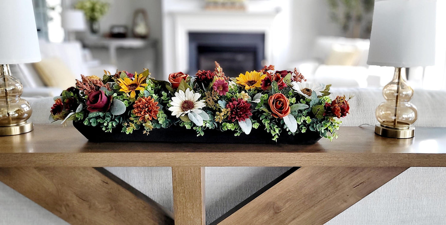 Farmhouse Fall Centerpiece Rustic Wooden Bowl Sunflower Table Arrangement Thanksgiving Dining Display Kitchen Counter Seasonal Harvest Gift Autumn Home Styling Natural Greenery Silk Flowers Orange Brown Yellow Burgundy Premium Quality Ready