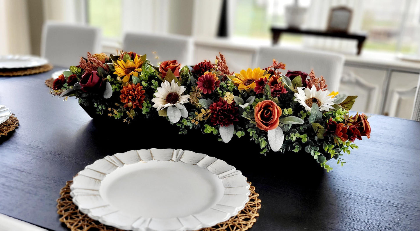 Fall Table Centerpiece – Wooden Bowl Sunflower Arrangement