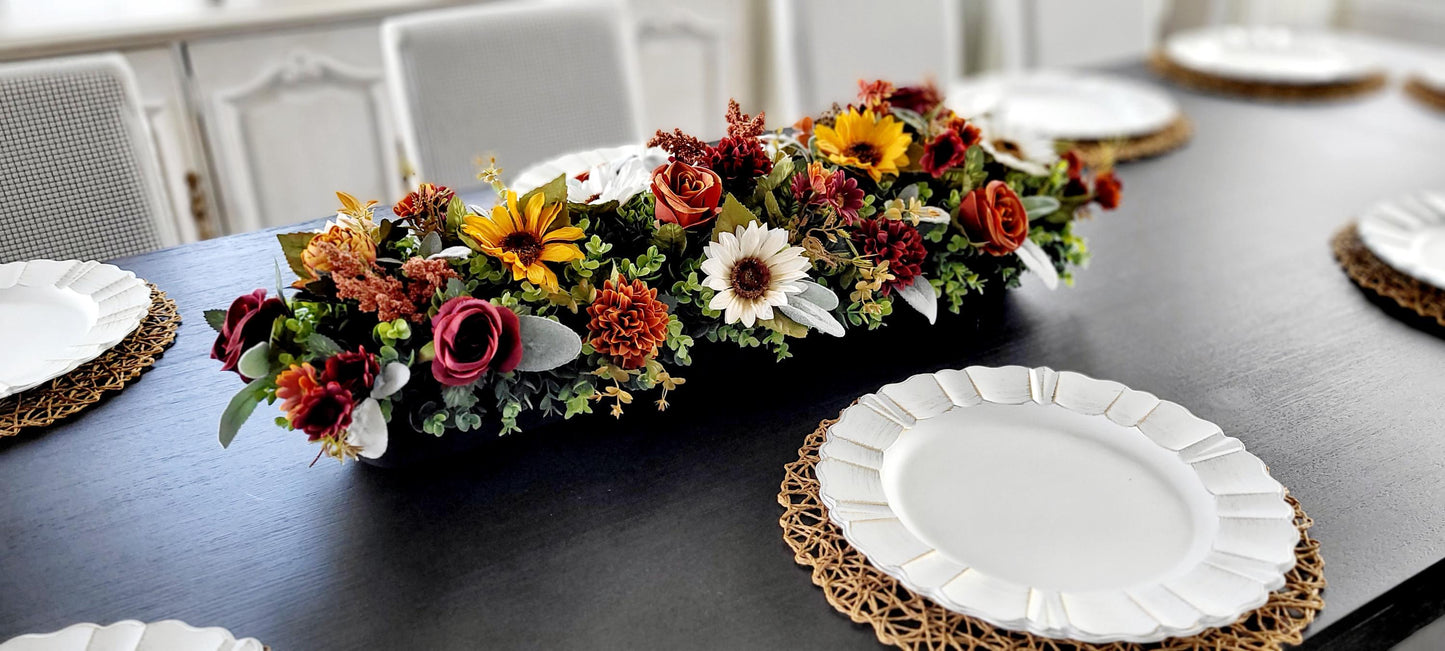 Fall Table Centerpiece – Wooden Bowl Sunflower Arrangement