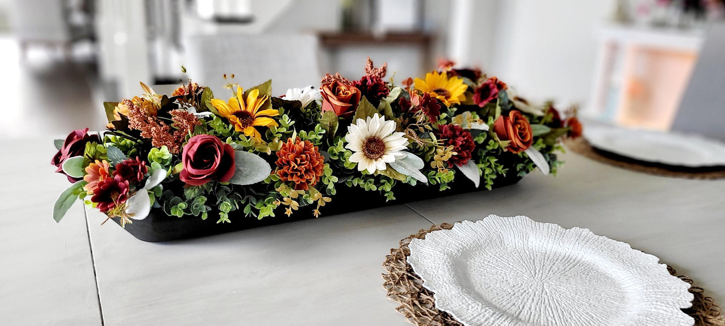 Fall Table Centerpiece – Wooden Bowl Sunflower Arrangement