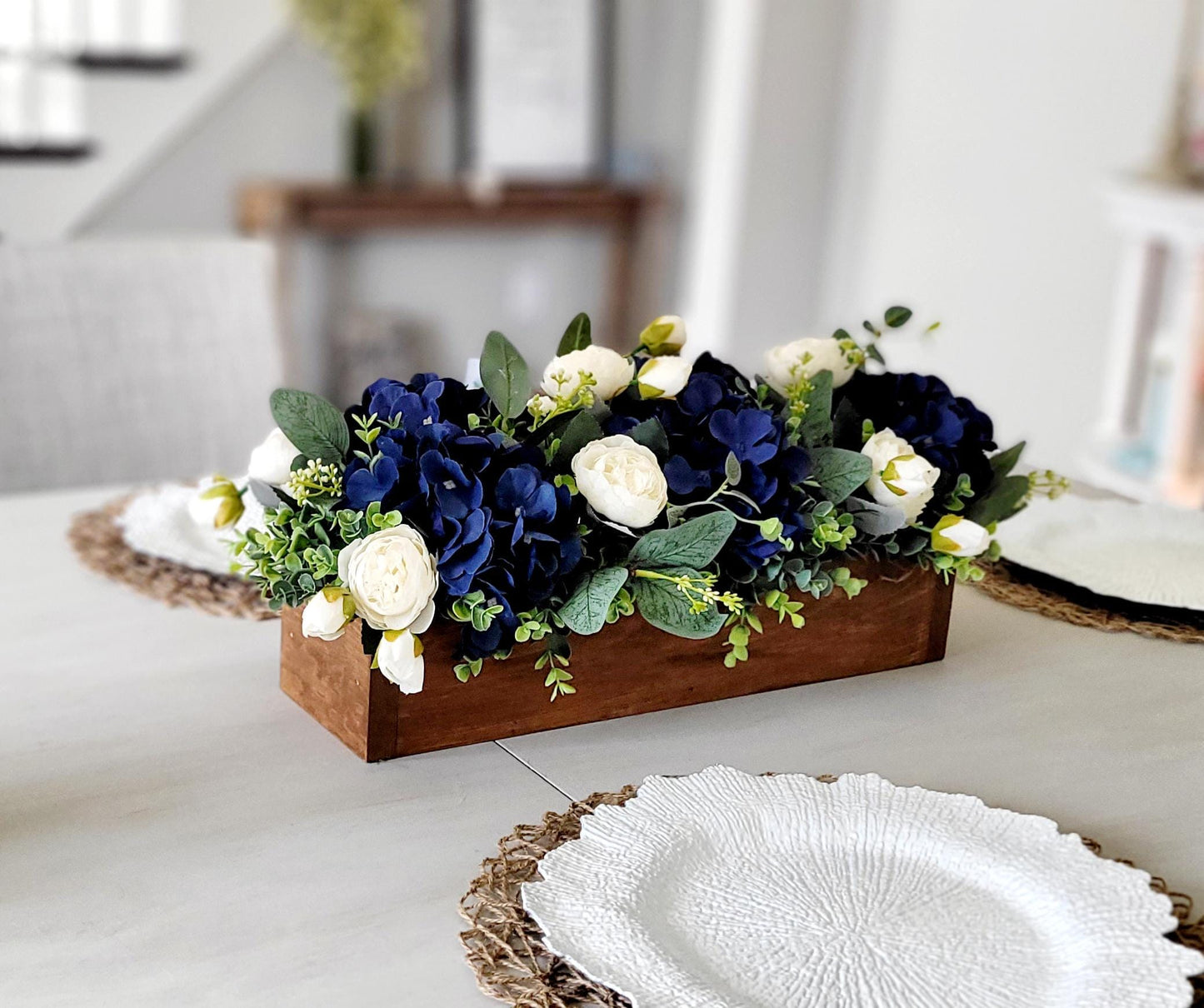 Long Rectangle Centerpiece Navy Blue Artificial Flowers Rustic Wooden Box Table Decor Silk Rose Arrangement White Flower Display Eucalyptus Greenery Farmhouse Dining Room Accent Wedding Table Decoration Coffee Table Display Country Chic