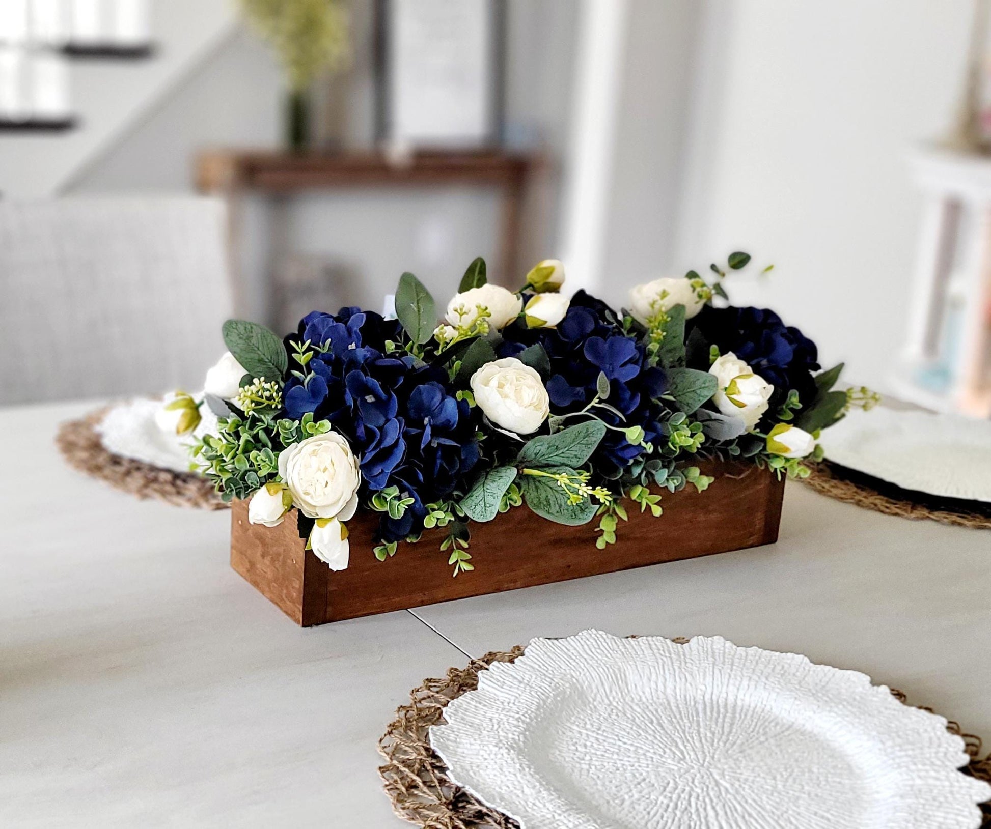 Long Rectangle Centerpiece Navy Blue Artificial Flowers Rustic Wooden Box Table Decor Silk Rose Arrangement White Flower Display Eucalyptus Greenery Farmhouse Dining Room Accent Wedding Table Decoration Coffee Table Display Country Chic