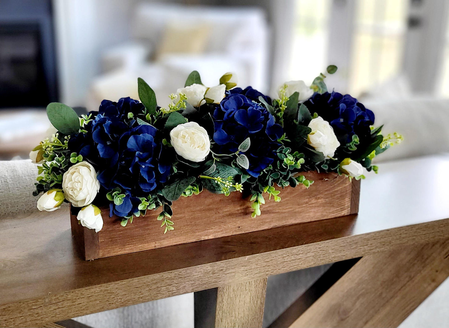 Navy Blue Wedding Centerpiece – Silk Flower Rustic Wooden Box