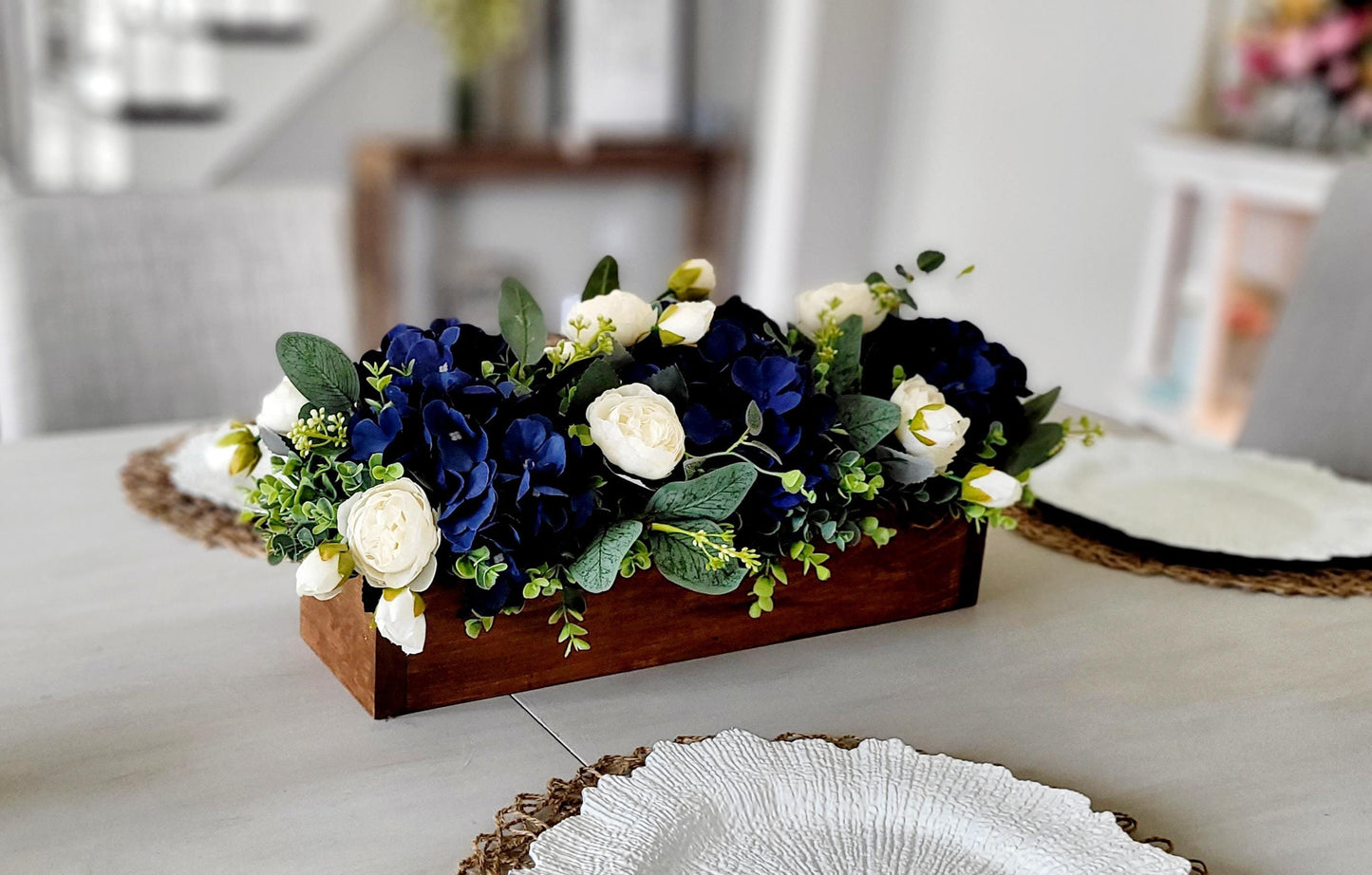 Rustic Wooden Box Centerpiece Navy Blue Silk Flowers Farmhouse Table Decor Artificial Flower Arrangement White Rose Display Eucalyptus Greenery Long Rectangle Planter Wedding Table Decoration Dining Room Accent Coffee Table Display Country