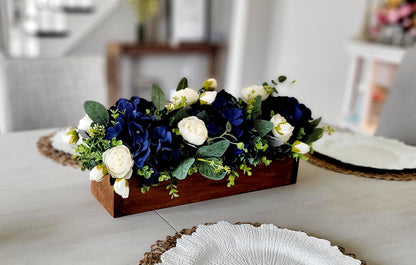 Rustic Wooden Box Centerpiece Navy Blue Silk Flowers Farmhouse Table Decor Artificial Flower Arrangement White Rose Display Eucalyptus Greenery Long Rectangle Planter Wedding Table Decoration Dining Room Accent Coffee Table Display Country