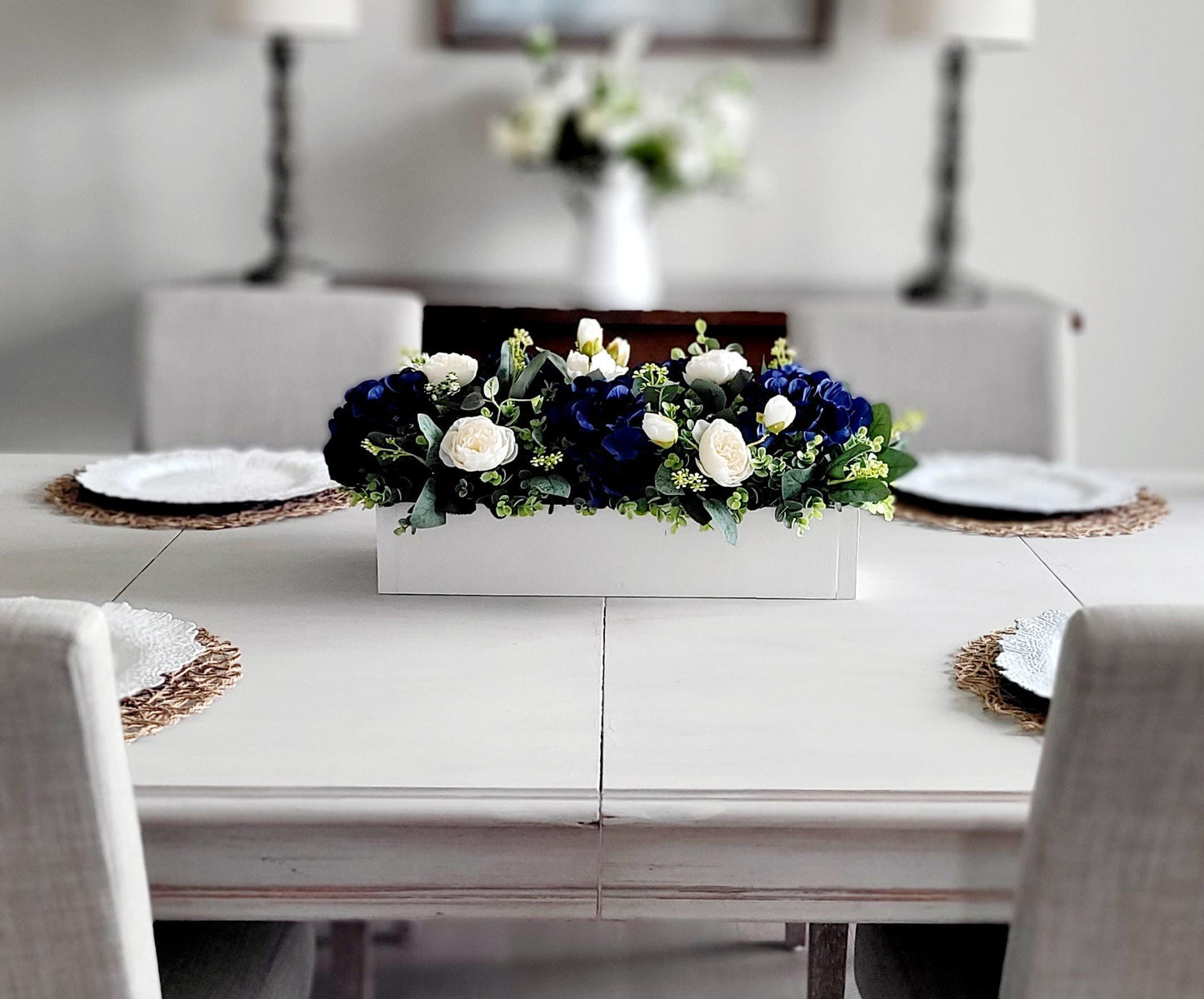 Navy Blue Wedding Centerpiece – Silk Flower Rustic Wooden Box