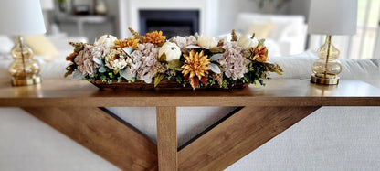 Wooden Bowl Arrangement Fall Centerpiece Display Artificial Flower Collection Rustic Farmhouse Style Pumpkin Accents Autumn Home Styling Dining Room Console Table Focal Point Perfect Holiday Entertaining Essential Orange Rust Cream