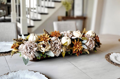 Fall Home Display Autumn Seasonal Styling Dough Bowl Centerpiece Arrangement Thanksgiving Dining Table Farmhouse Rustic Theme Sunflowers Pumpkins Gold Accents Wooden Harvest Bowl Natural Elements Perfect Hostess Gift Present Beautiful Warm