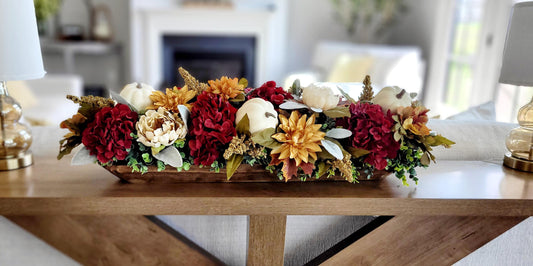Fall Dough Bowl Centerpiece Arrangement Burgundy Hydrangeas Artificial Pumpkins Gold Accents Farmhouse Style Dining Table Display Ready To Use Thanksgiving Harvest Seasonal Autumn Home Styling Elegant Rustic Charm Perfect Hostess Gift