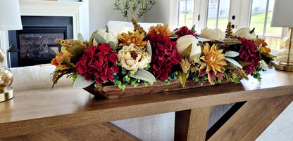 Burgundy Hydrangea Arrangement Fall Centerpiece Dough Bowl Display Artificial Pumpkins Gold Metallic Accents Farmhouse Autumn Styling Large Dining Table Focal Point Thanksgiving Holiday Entertaining Ready To Display Rustic Elegant Design
