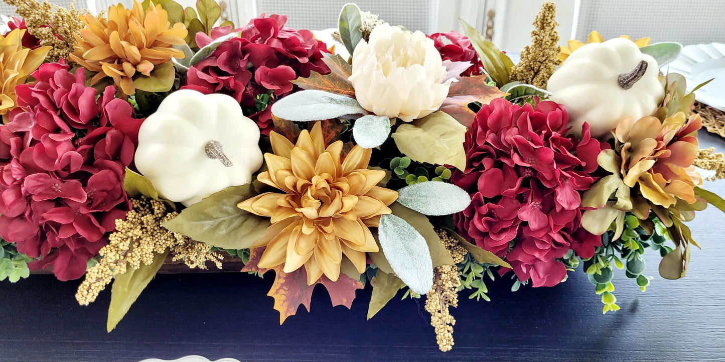 Fall Dough Bowl Centerpiece – Burgundy Hydrangeas Pumpkin Gold