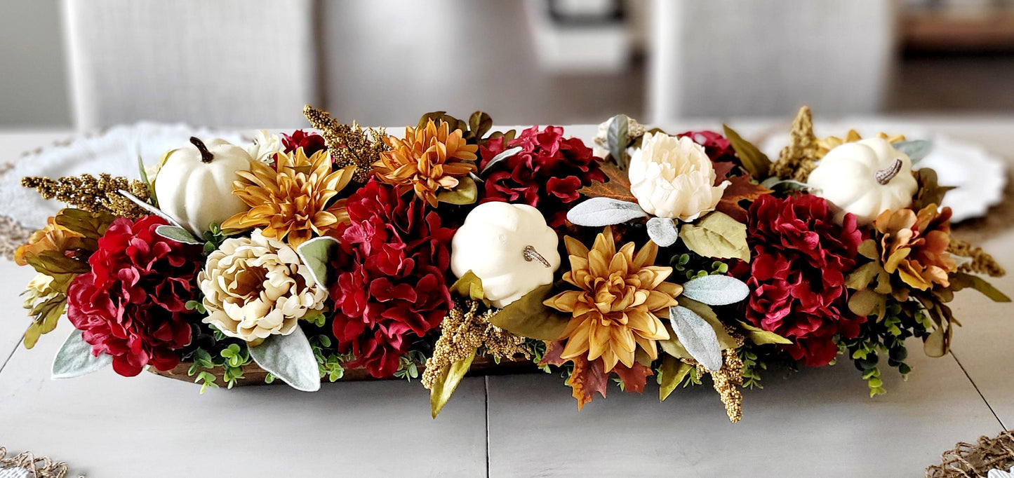 Fall Dough Bowl Centerpiece – Burgundy Hydrangeas Pumpkin Gold