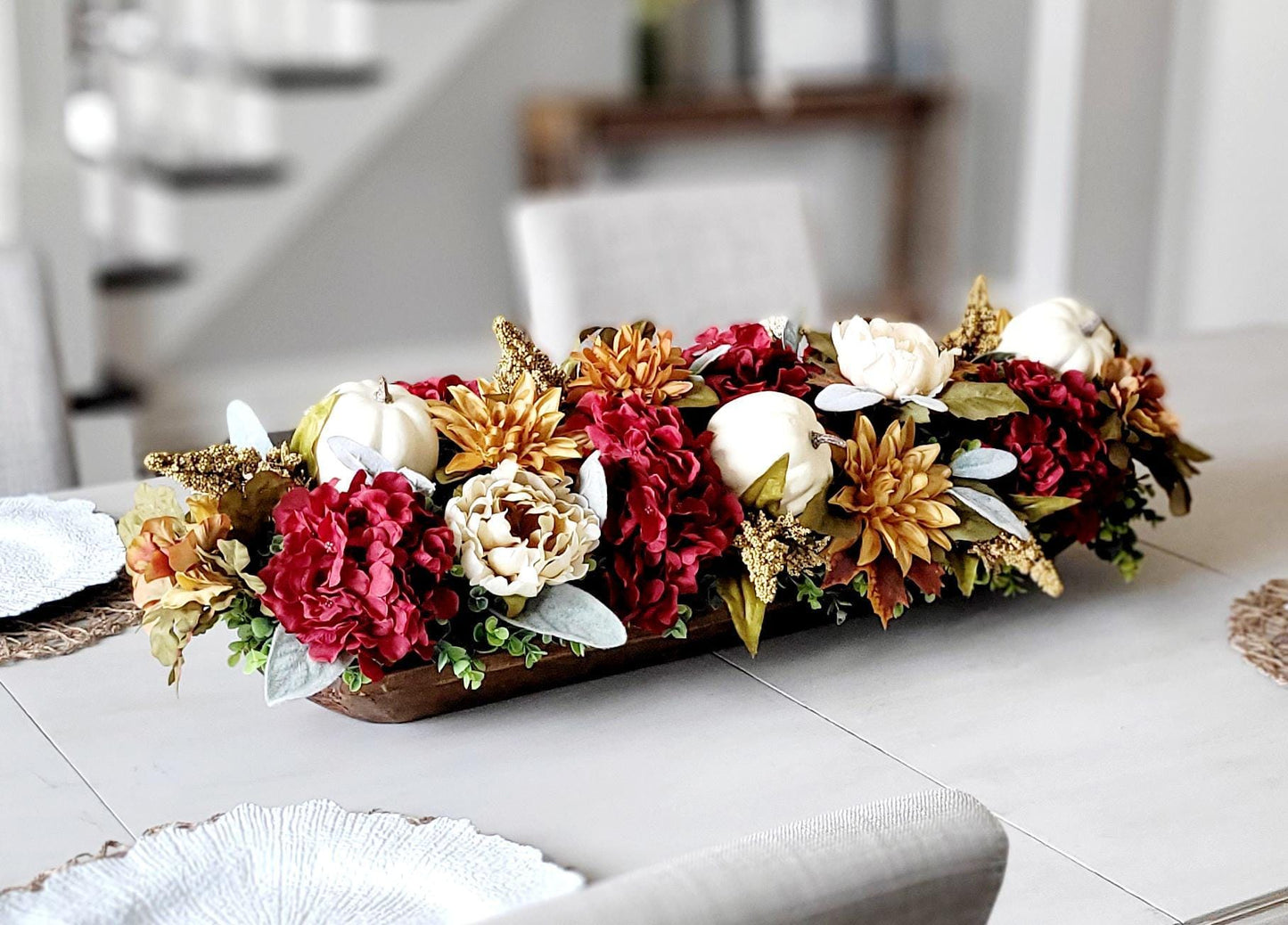 Fall Dough Bowl Centerpiece – Burgundy Hydrangeas Pumpkin Gold