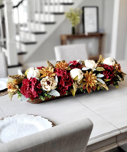 Fall Dough Bowl Centerpiece – Burgundy Hydrangeas Pumpkin Gold