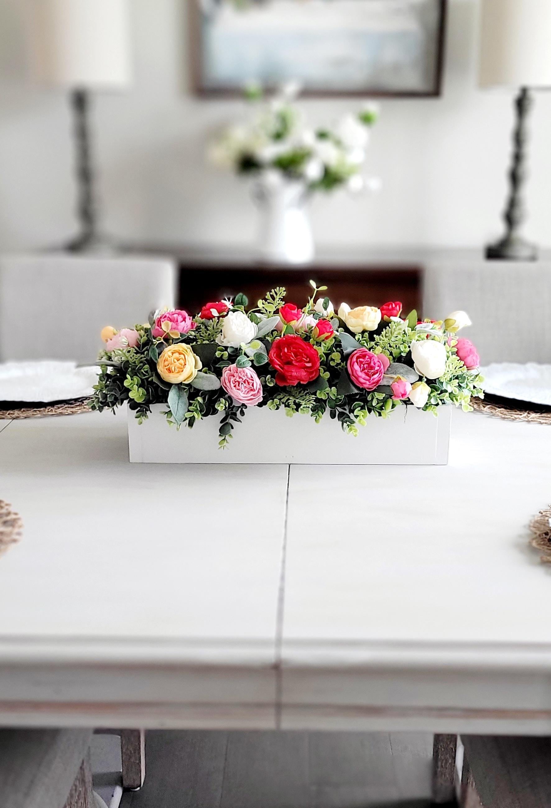 Artificial Flower Centerpiece Farmhouse Dining Table Display Silk Peony Arrangement Wood Box Container Rustic Kitchen Island Styling Country Home Gift Spring Floral Design Mixed Greenery Roses Vibrant Colors Handcrafted Quality Construction