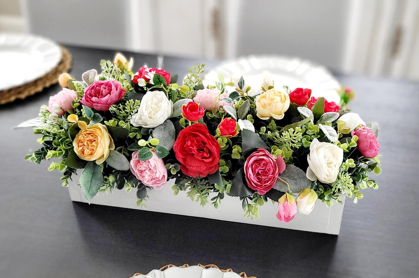 Wood Box Centerpiece Farmhouse Floral Arrangement Silk Flower Display Artificial Peony Roses Greenery Rustic Dining Table Styling Kitchen Counter Display Country Style Home Gift Spring Colors Handcrafted Design Quality Construction Everyday