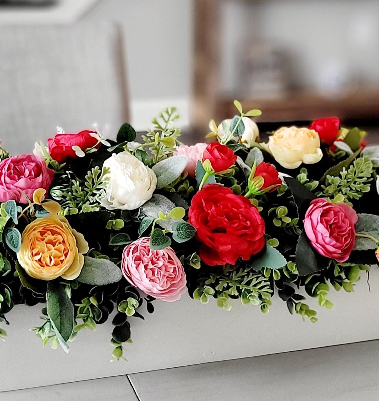 Rustic Farmhouse Centerpiece Silk Flower Display Wood Box Container Artificial Peony Roses Mixed Greenery Spring Table Arrangement Dining Room Kitchen Island Styling Country Home Gift Handcrafted Floral Design Vibrant Colors Quality