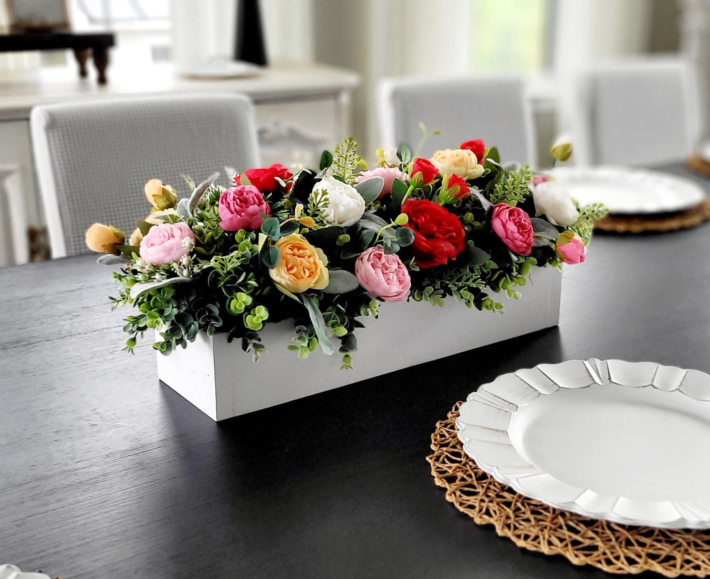 Farmhouse Table Centerpiece – Silk Flower Arrangement in Wood Box