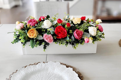 Farmhouse Table Centerpiece – Silk Flower Arrangement in Wood Box