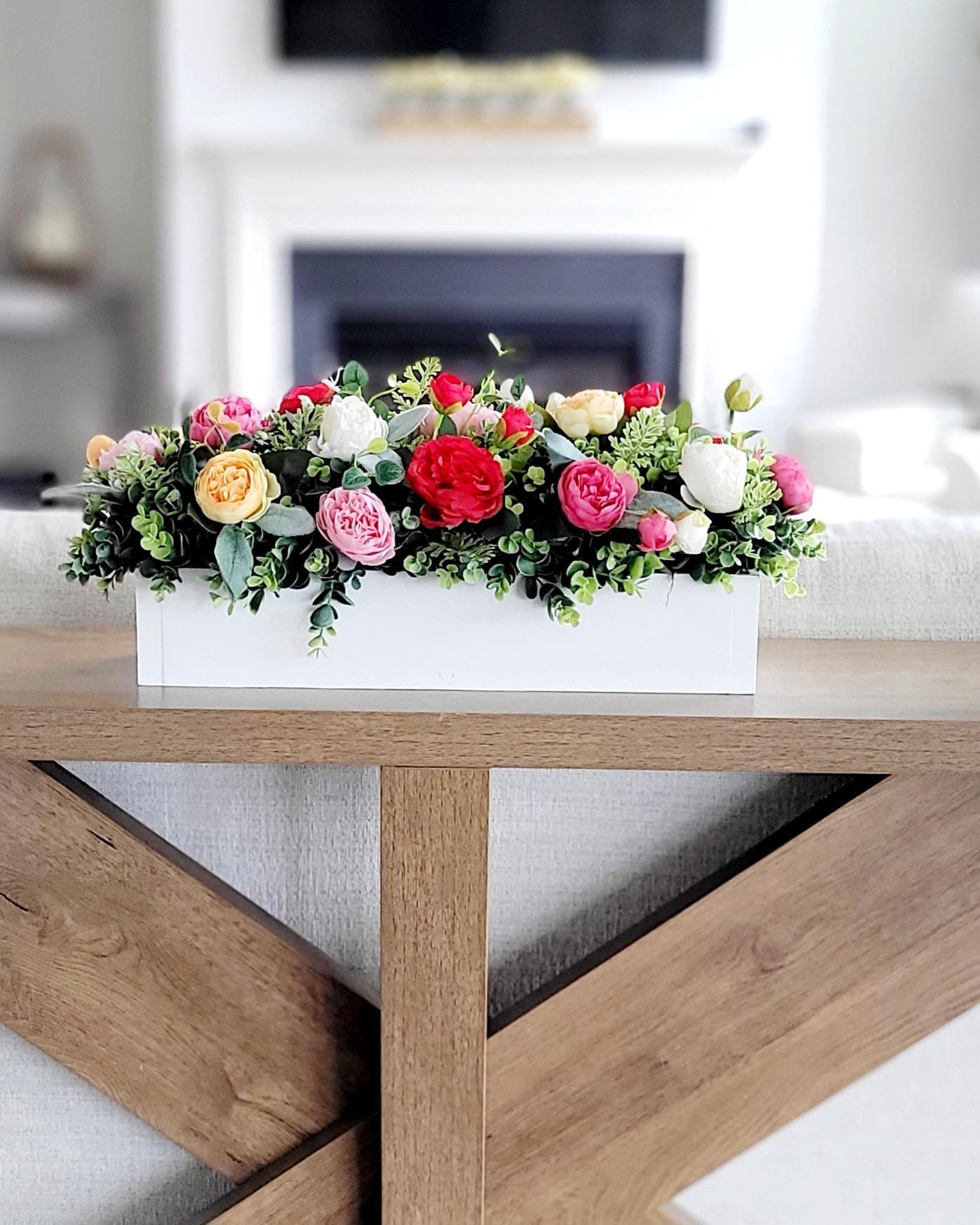 Farmhouse Table Centerpiece – Silk Flower Arrangement in Wood Box