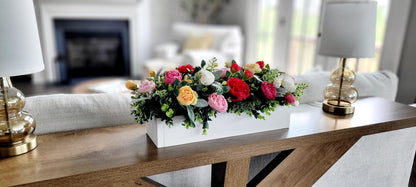 Farmhouse Table Centerpiece – Silk Flower Arrangement in Wood Box