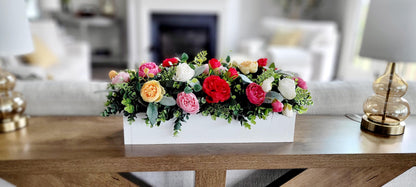 Farmhouse Table Centerpiece – Silk Flower Arrangement in Wood Box