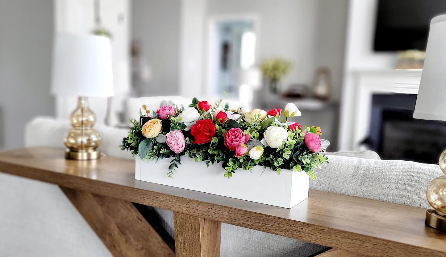 Farmhouse Table Centerpiece – Silk Flower Arrangement in Wood Box