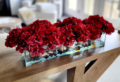 Artificial Hydrangea Centerpiece Burgundy Silk Flower Arrangement Glass Vase Display Modern Farmhouse Dining Table Centerpiece Perfect Red Floral Collection Elegant Home Kitchen Styling Contemporary Design French Country Charm Sophisticated