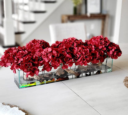 Burgundy Hydrangea Gift Set Artificial Silk Flower Centerpiece Glass Vase Arrangement Perfect Housewarming Present Dining Table Display Modern Home Styling Red Floral Collection Wedding Reception Essential Holiday Entertaining Accent