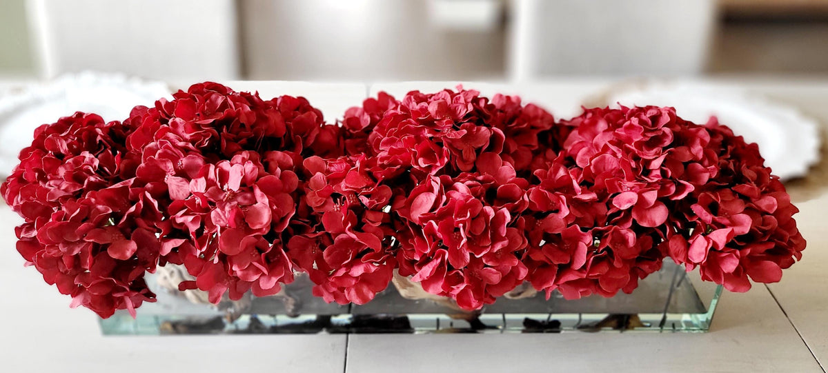 Wedding Table Centerpiece Burgundy Artificial Hydrangea Arrangement Silk Flower Display Glass Vase Collection Elegant Reception Styling Red Floral Accent Modern Farmhouse Design Sophisticated Dining Table Display Contemporary Home Kitchen