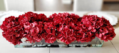 Wedding Table Centerpiece Burgundy Artificial Hydrangea Arrangement Silk Flower Display Glass Vase Collection Elegant Reception Styling Red Floral Accent Modern Farmhouse Design Sophisticated Dining Table Display Contemporary Home Kitchen
