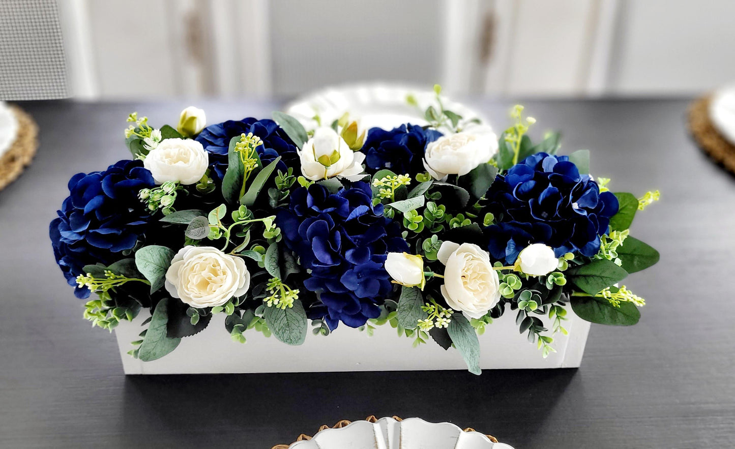 Navy Blue Centerpiece – Silk Flower Arrangement in Rustic Wood Box