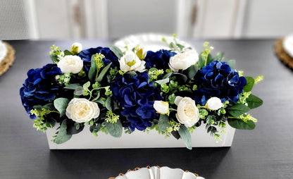 Navy Blue Centerpiece – Silk Flower Arrangement in Rustic Wood Box