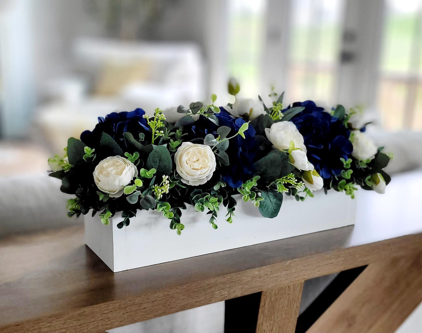 Artificial Floral Centerpiece Navy Blue Hydrangea Rose Arrangement Silk Flower Display Rustic White Wooden Box Container Maintenance Free Farmhouse Style Dining Room Table Coffee Table Mantel Console Styling Eucalyptus Greenery Accent Year