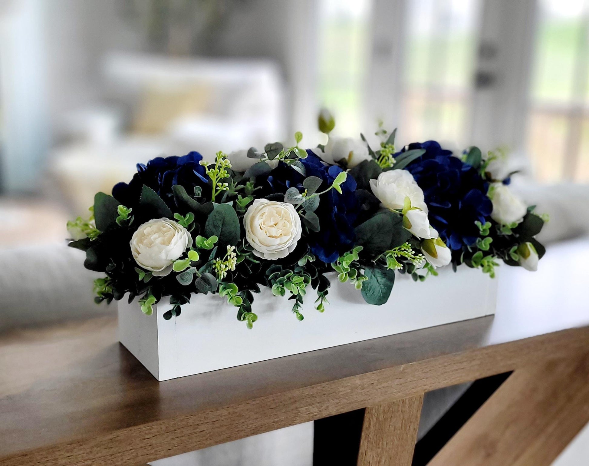 Artificial Floral Centerpiece Navy Blue Hydrangea Rose Arrangement Silk Flower Display Rustic White Wooden Box Container Maintenance Free Farmhouse Style Dining Room Table Coffee Table Mantel Console Styling Eucalyptus Greenery Accent Year