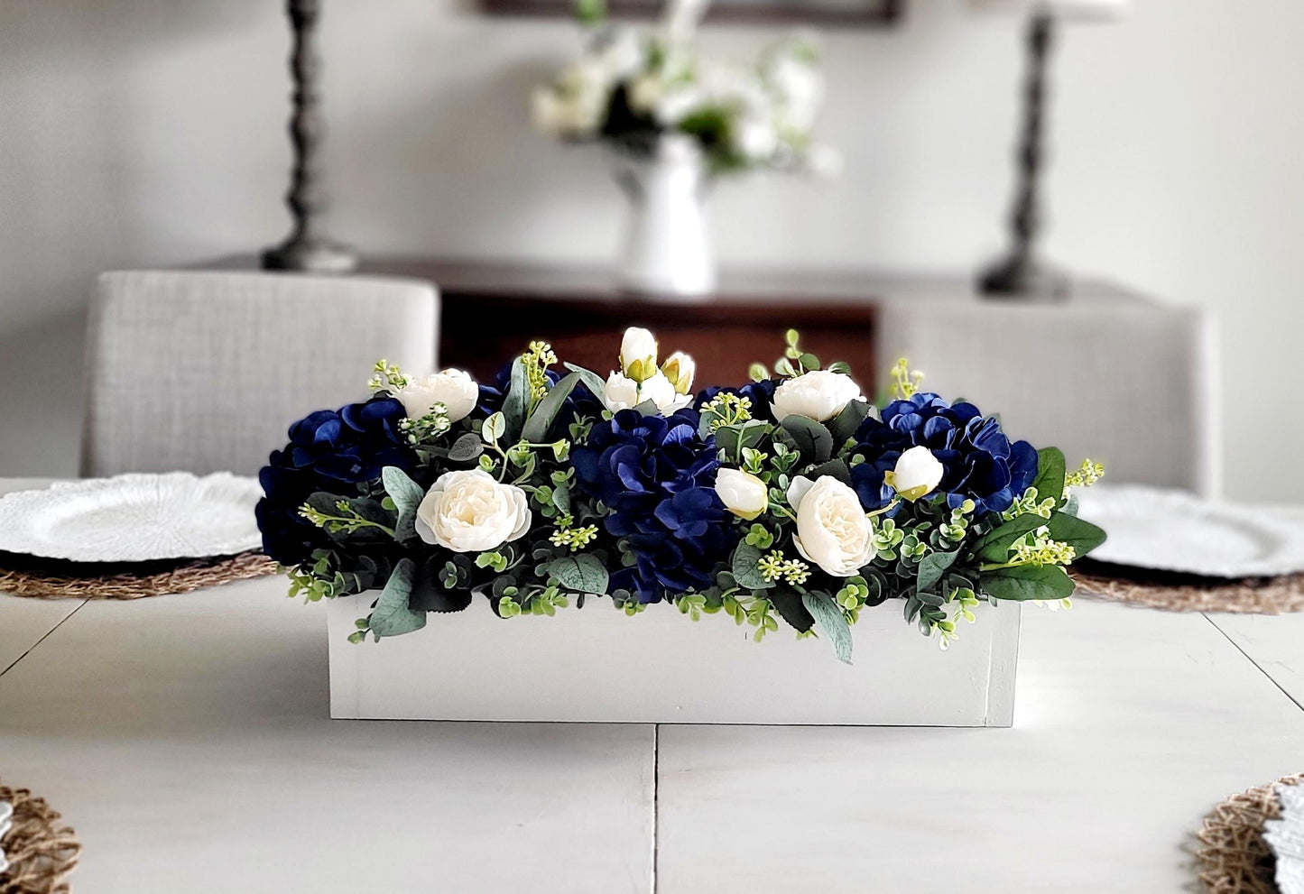 Navy Blue Centerpiece – Silk Flower Arrangement in Rustic Wood Box