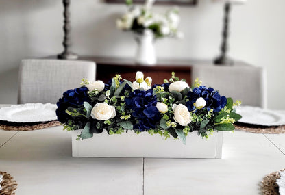 Navy Blue Centerpiece – Silk Flower Arrangement in Rustic Wood Box