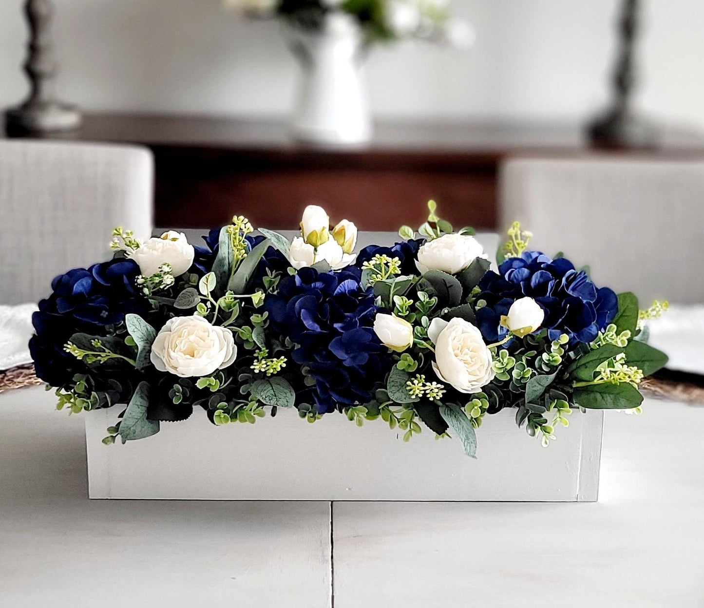 Navy Blue Wedding Centerpiece – Silk Flower Rustic Wooden Box